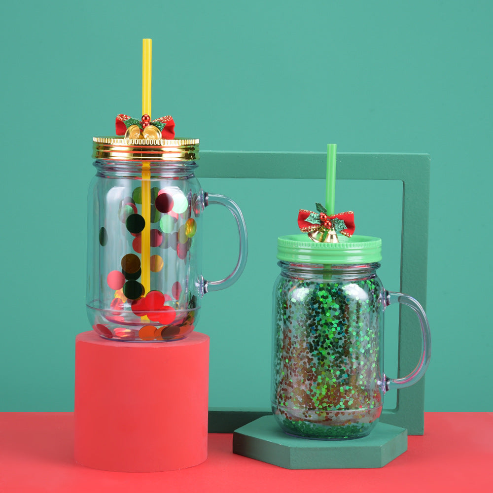 Wholesale  Glitter Plastic Canned Cup with Handle Double Layer Plastic Mason Cup